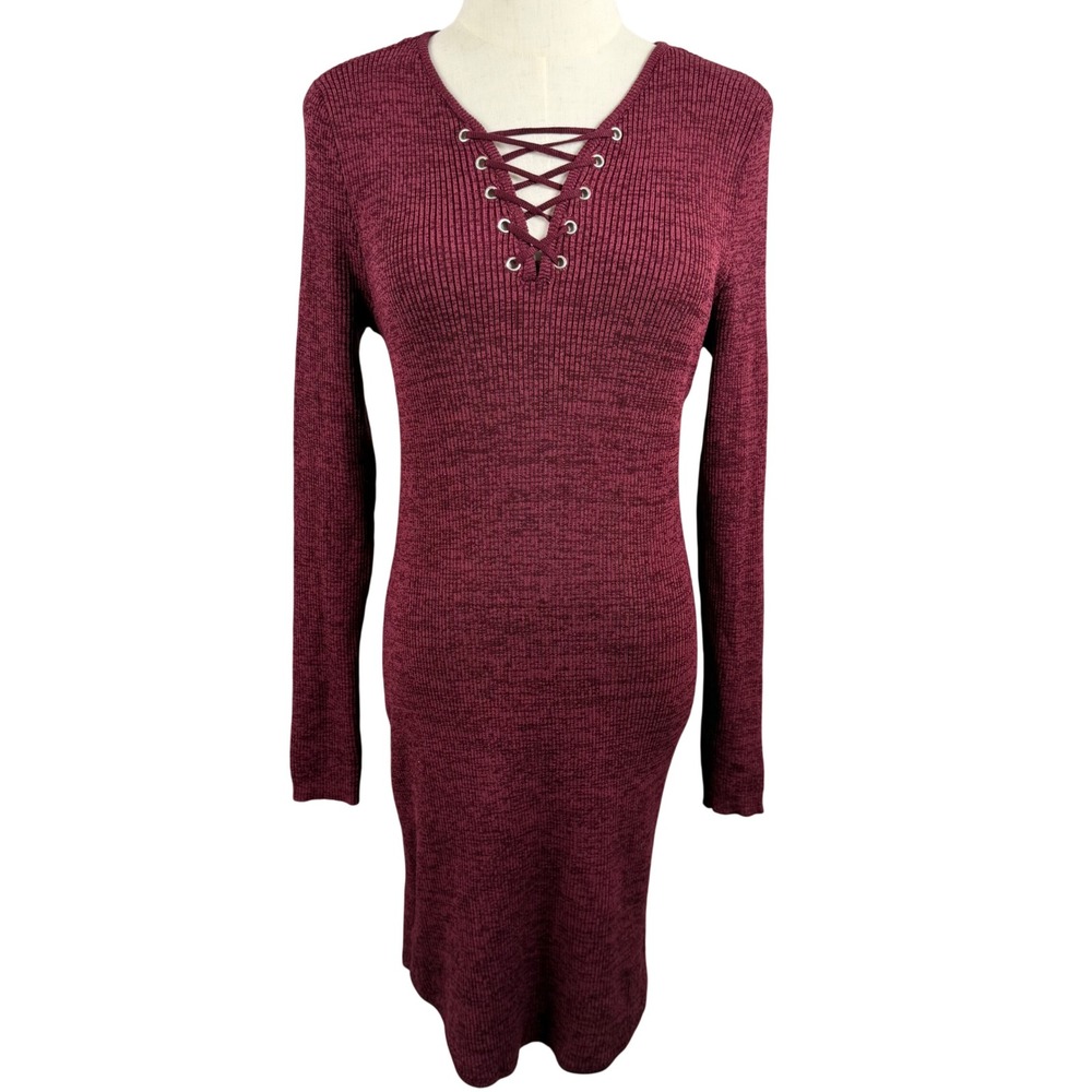 Planet Gold 1X Bodycon Long Sleeve Dress Burgundy Lace Up Ribbed Marled Knit 90s